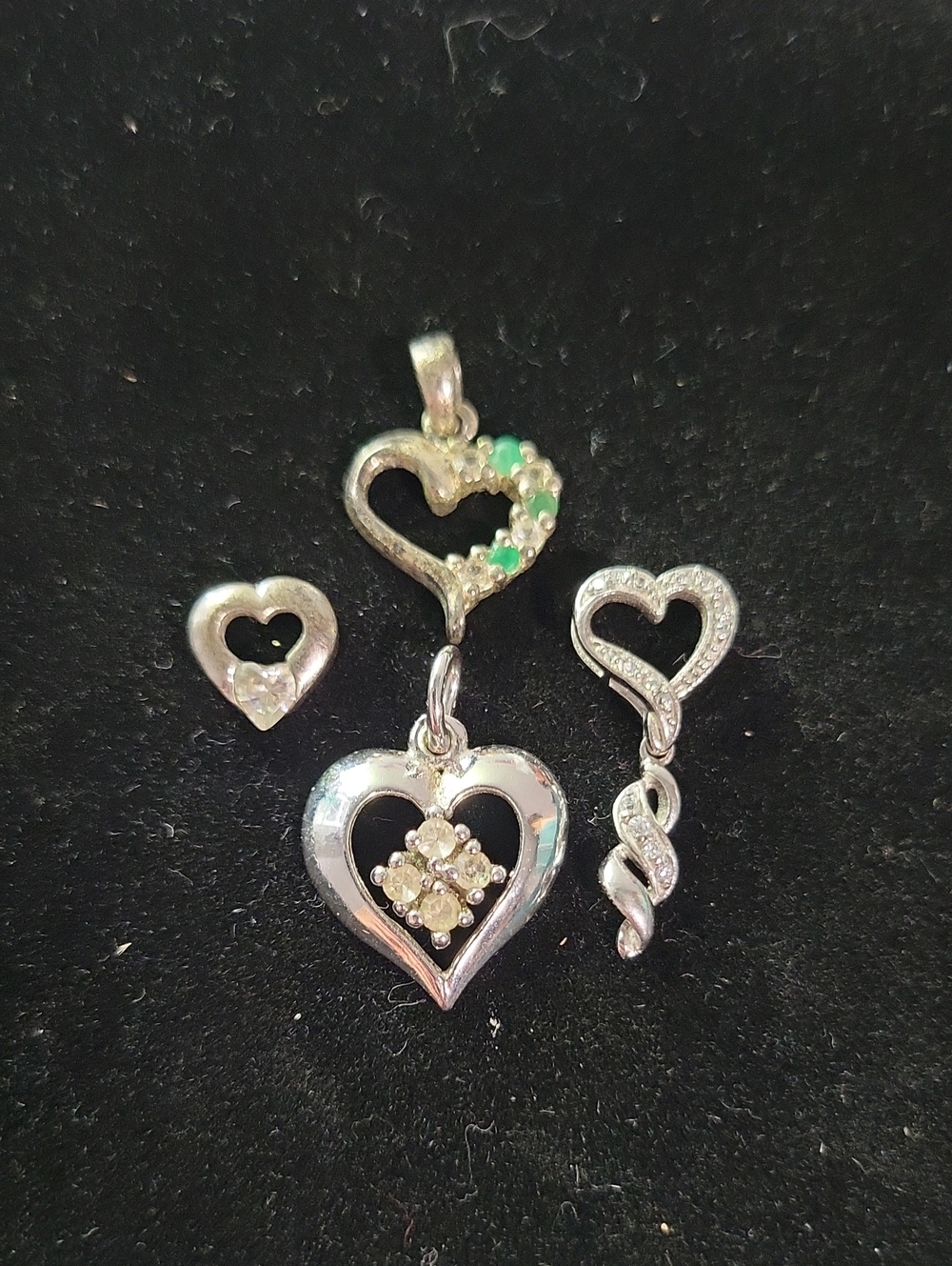 Silver Heart Pendant and Charm Set with Green Accents Lot
